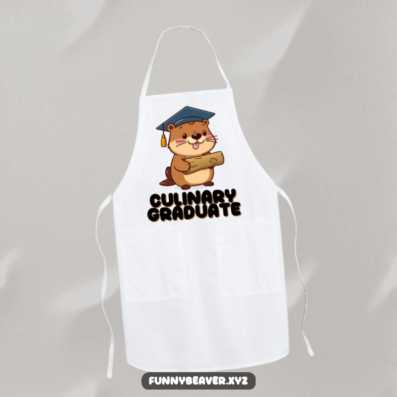 Funny beaver in a graduation cap holds a log, making this apron a hilarious and practical gift for culinary graduates.