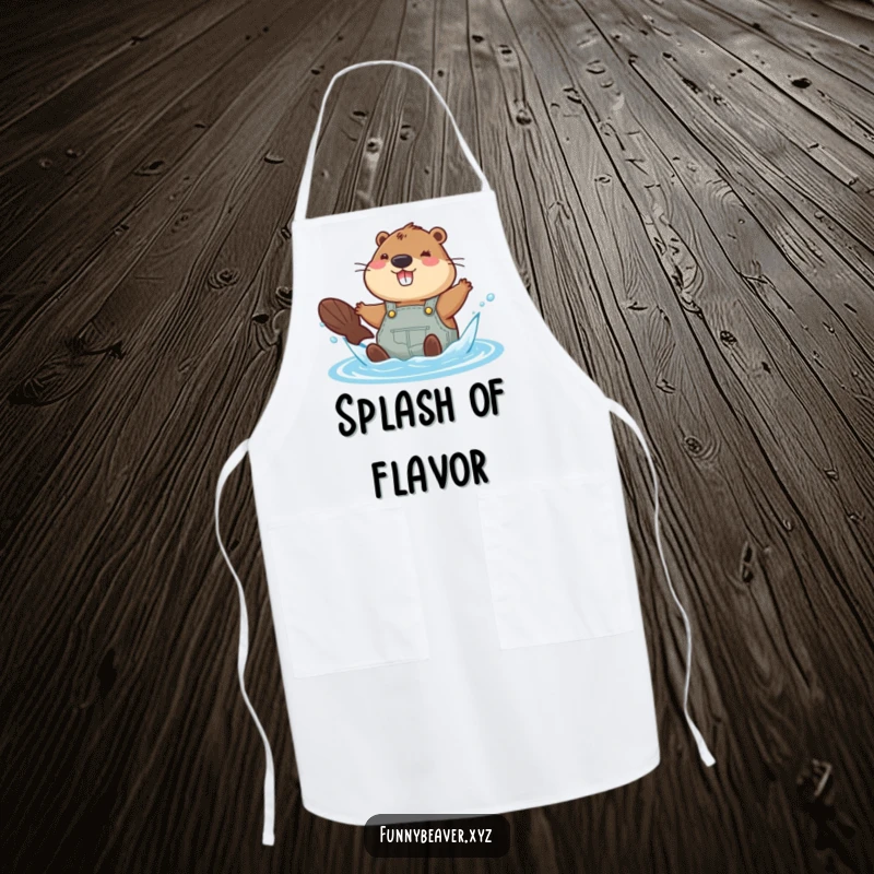 Funny beaver in overalls splashing in water, making this apron a hilarious and practical kitchen accessory.