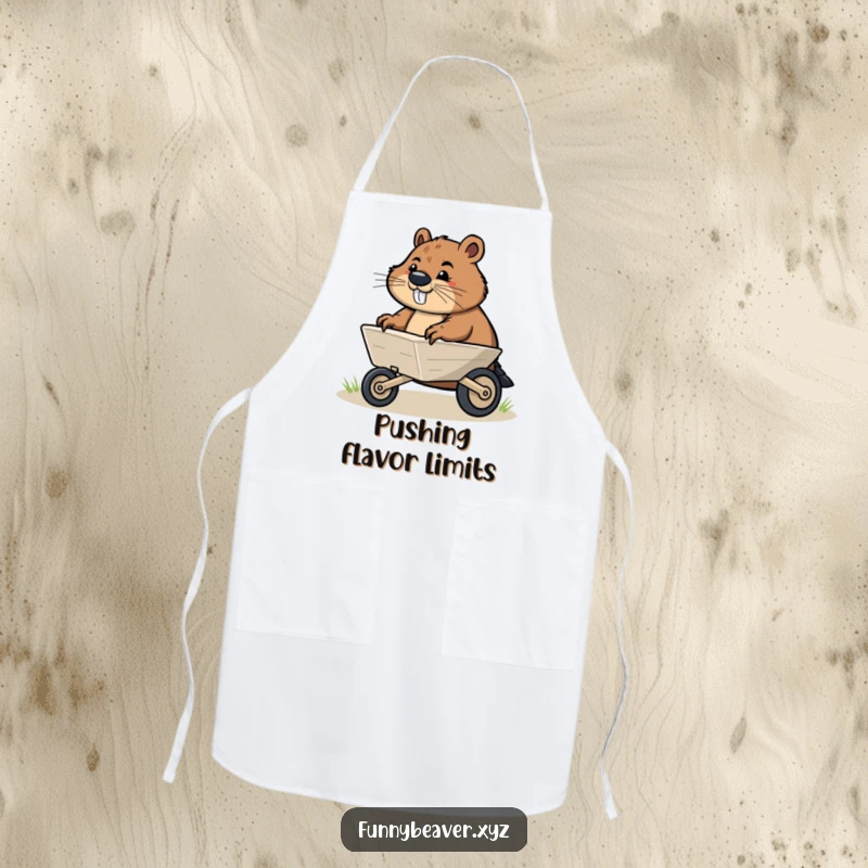 Funny apron with a determined beaver pushing a small illustrated wheelbarrow, perfect for adding motivational and humorous flair to kitchen activities.