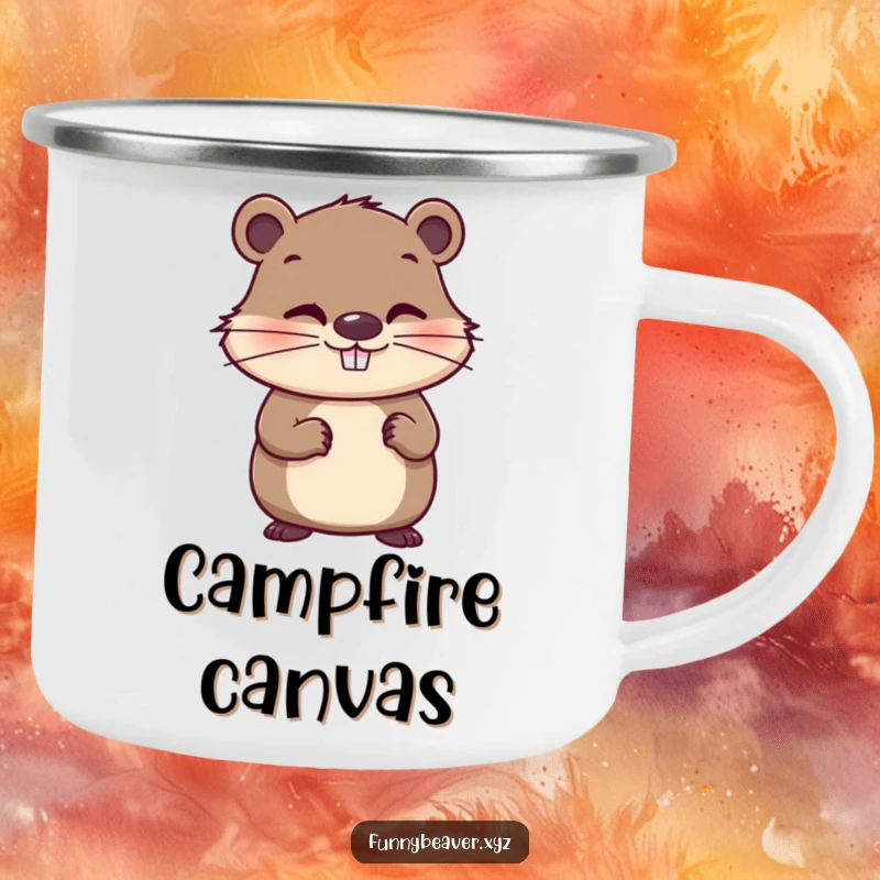 Funny camping mug with a whimsical beaver holding a paintbrush and a mischievous grin, perfect for artistic outdoor adventures and humorous moments.