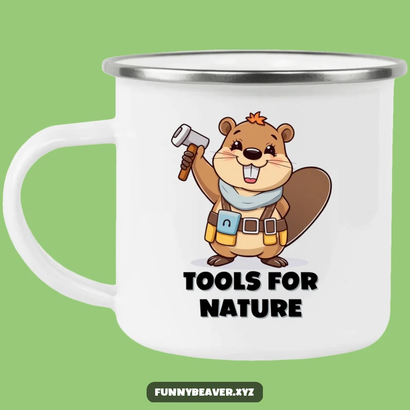 Funny Beaver Camp Tools Mug: Cheerful Tool Belt Hammer Waving Outdoor Fun