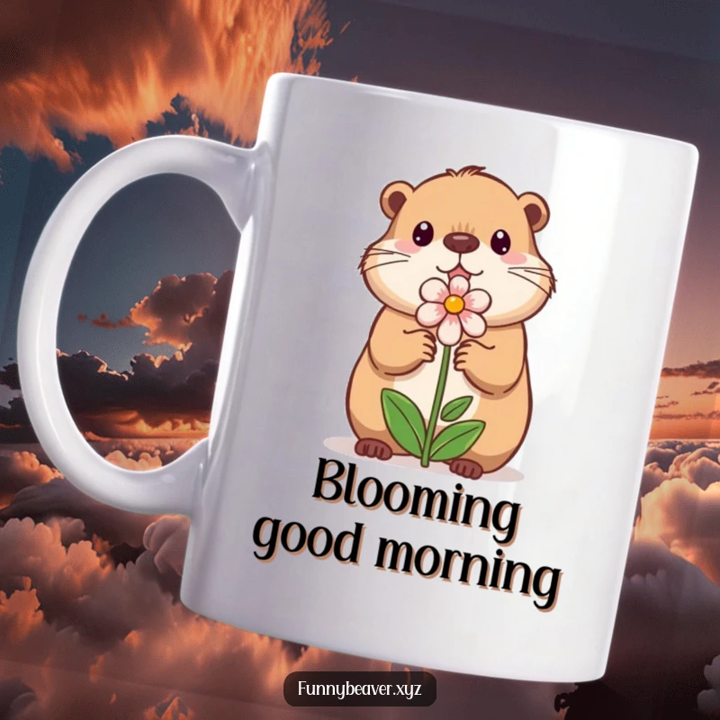 Funny mug depicting a sweet beaver with a gentle expression, offering a small, illustrated flower with kindness and charm.