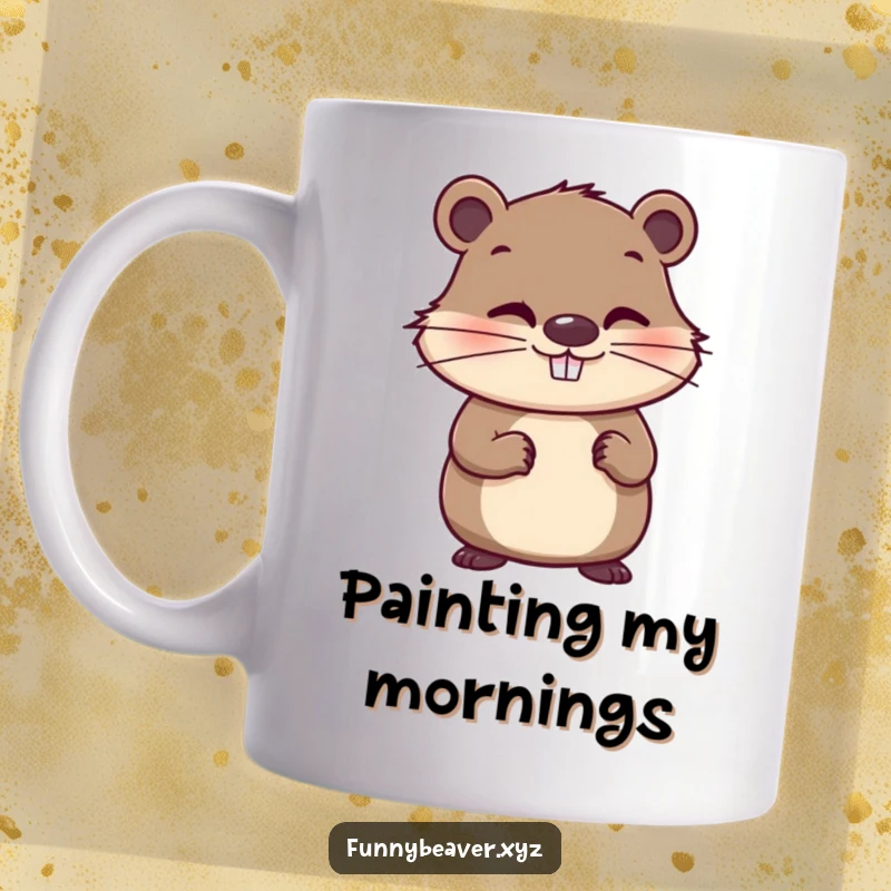 Funny mug depicting a whimsical beaver with a tiny mischievous grin, playfully holding a paintbrush, ready to create art and mischief.
