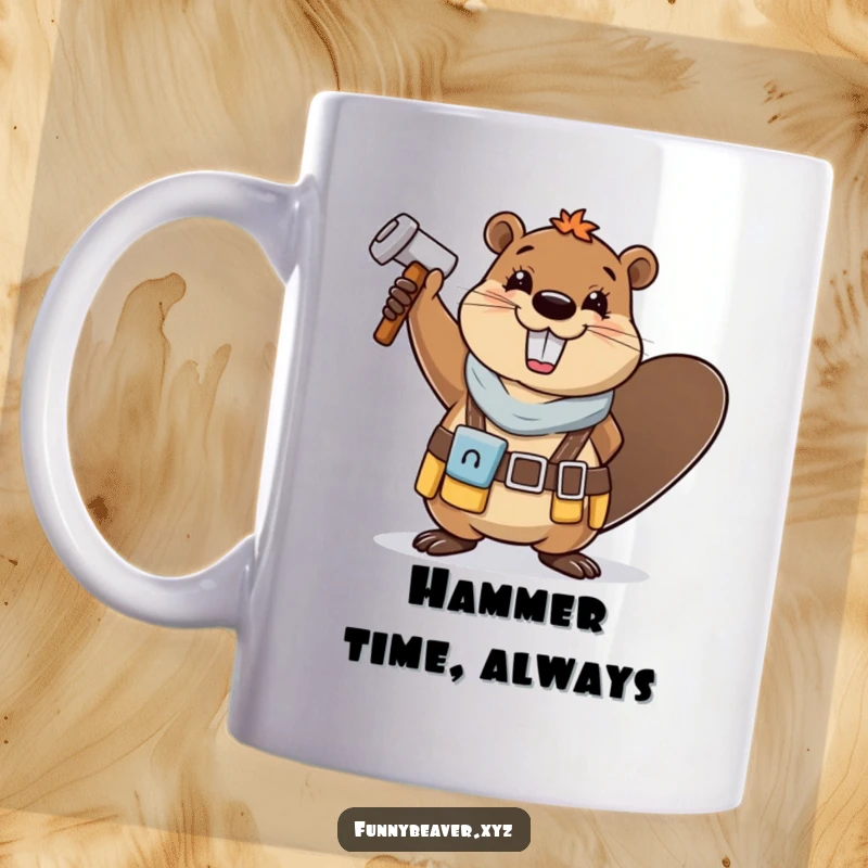 Funny, happy beaver in a tool belt cheerfully waves a hammer, bringing tool-time humor to this delightful mug.