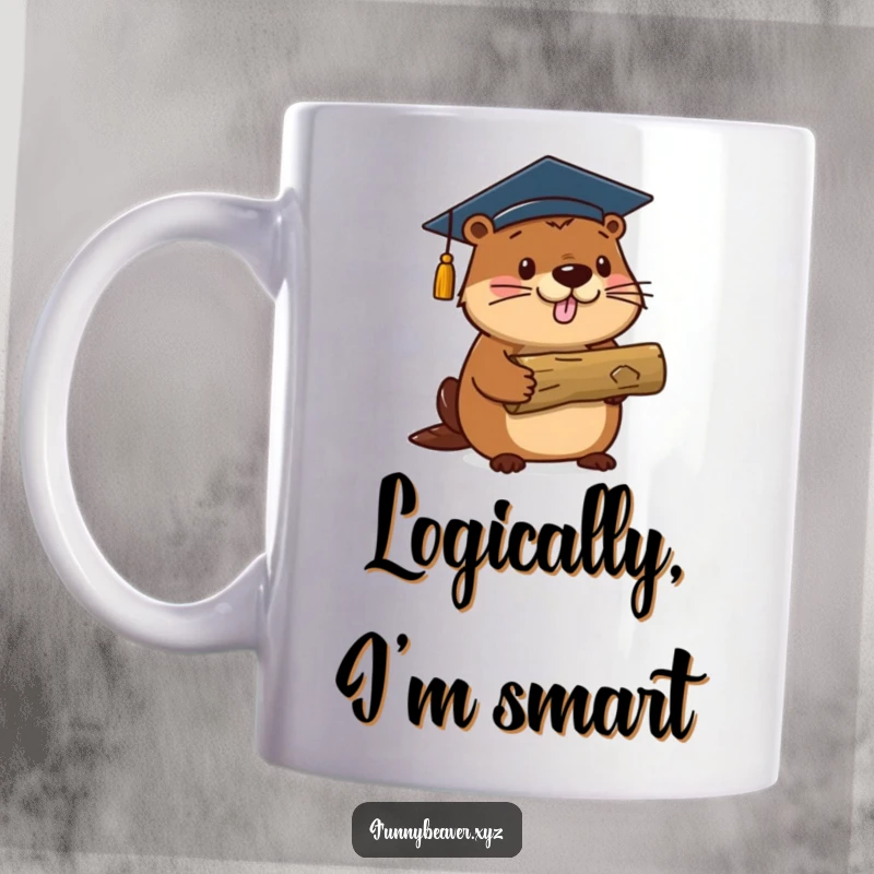Funny beaver wearing a graduation cap proudly holds a small log, symbolizing academic achievement and humor for graduates.