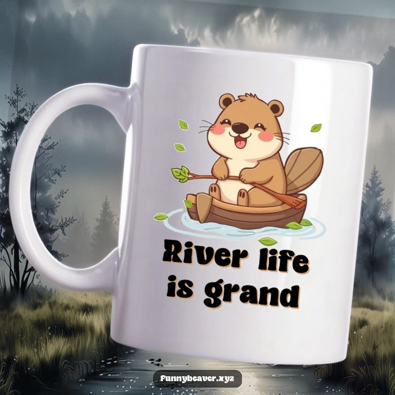 Funny mug featuring a joyful beaver enthusiastically paddling a miniature raft constructed from green leaves, embodying pure adventurous fun.