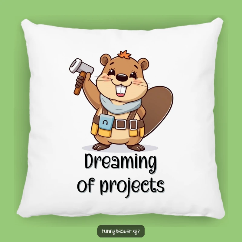 Funny Beaver Cozy Pillow: Cheerful Tool Belt Hammer Waving Home Decor