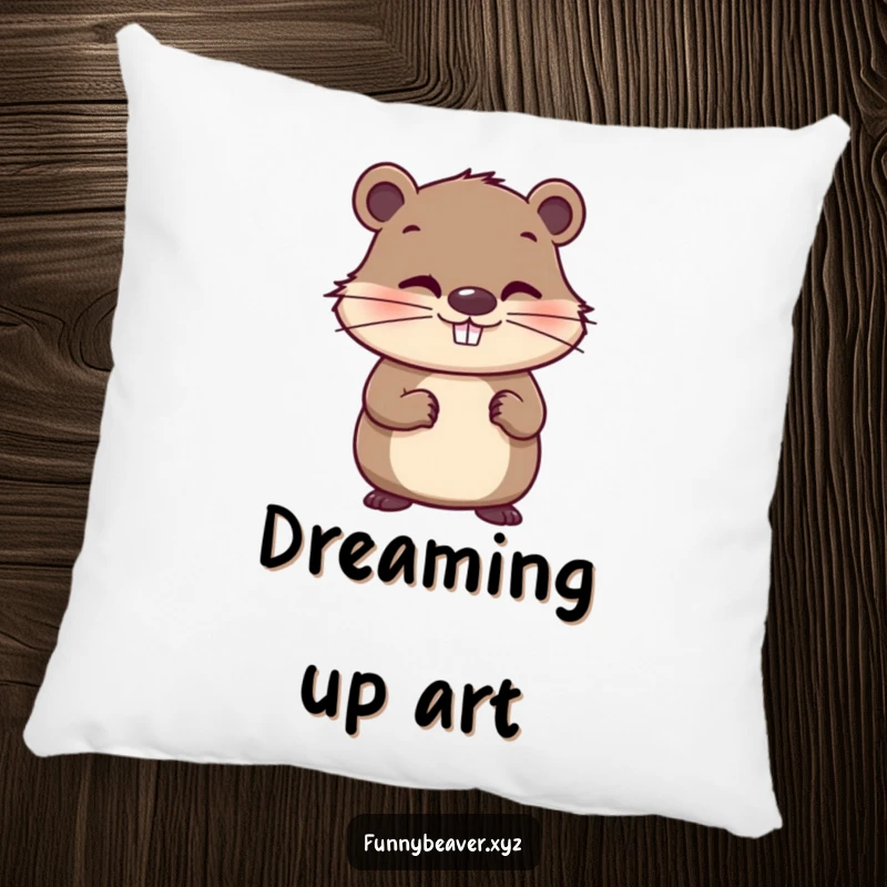 Funny pillow showcasing a whimsical beaver with a mischievous grin, holding a paintbrush, perfect for adding artistic and humorous touches to any room.