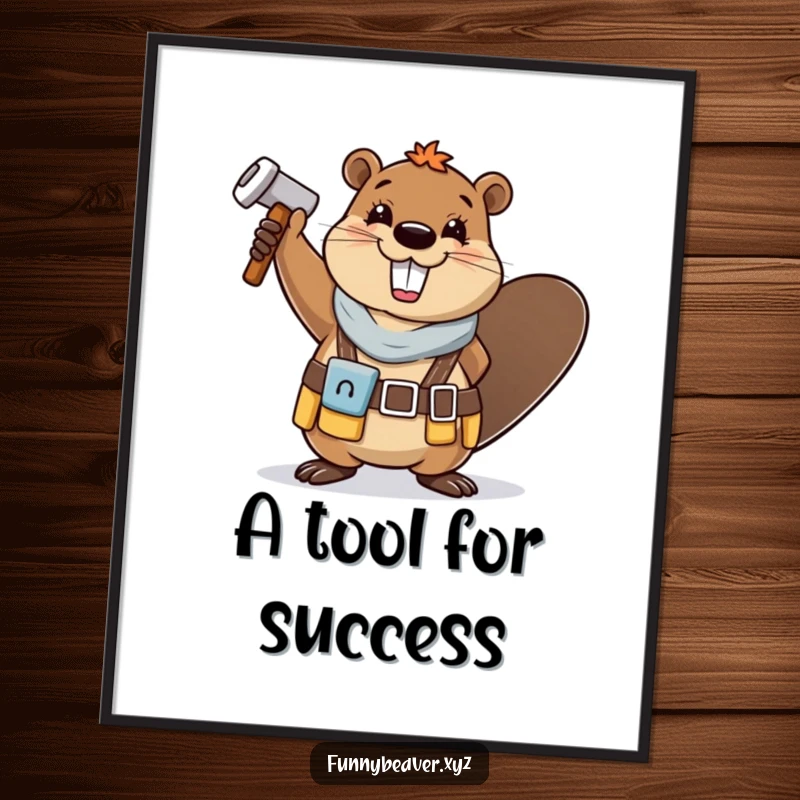Funny, happy beaver in a tool belt waves a hammer, creating a vibrant and humorous digital art print for DIY lovers.