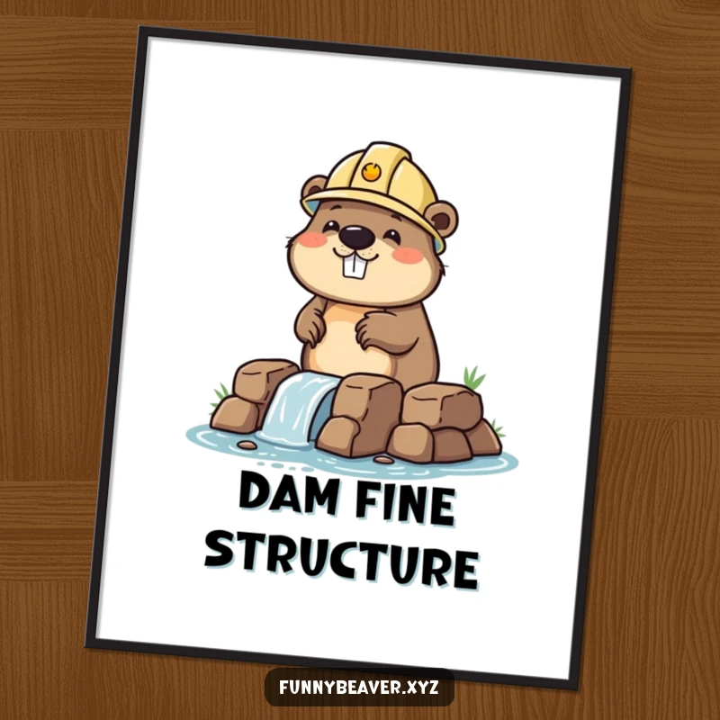 Funny beaver wearing a hard hat, constructing a miniature dam, presented as a high-resolution digital art print for humorous wall decor.