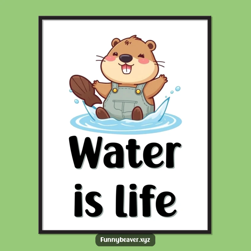 Funny Beaver Water Fun Digital Art: Joyful Overalls Splash Wall Decor