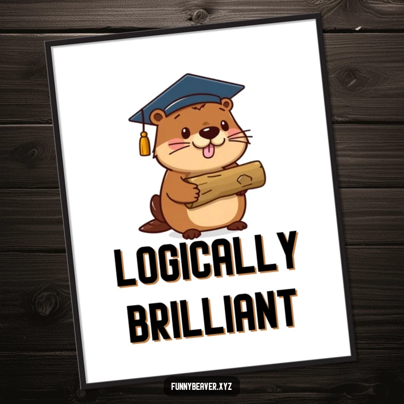 Funny beaver in a graduation cap proudly holds a log, creating a humorous and celebratory digital art print for graduates.