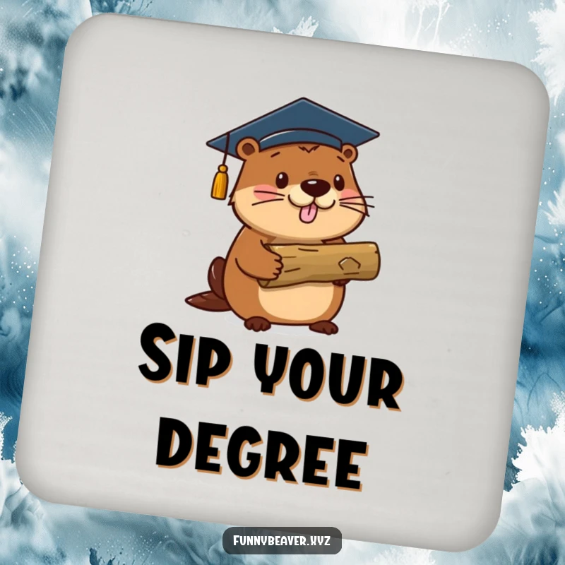 Funny beaver in a graduation cap holds a log, serving as a protective and humorous drink coaster for celebrations.