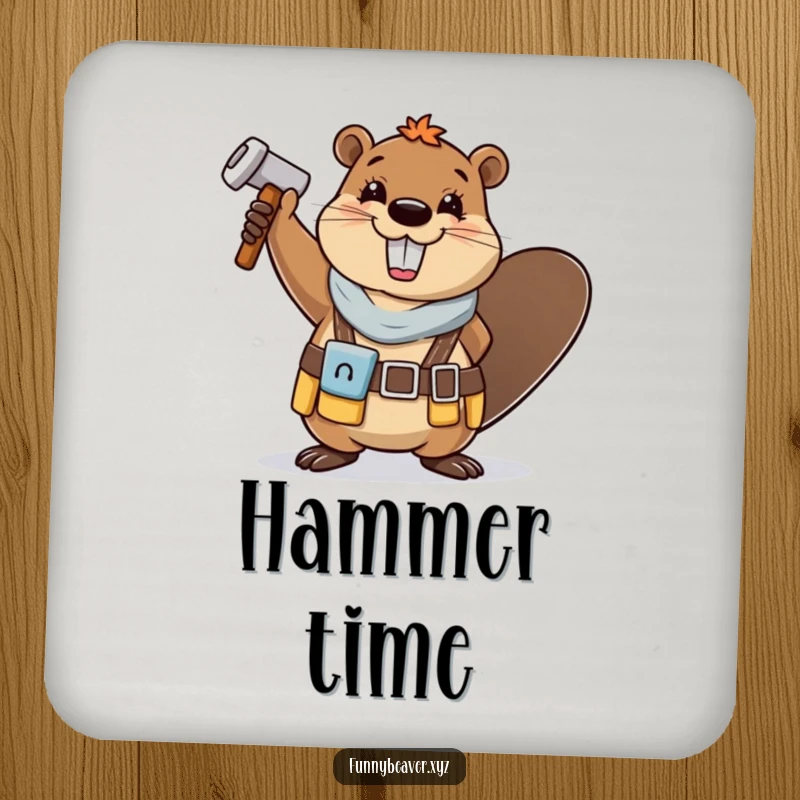 Funny beaver in a tool belt cheerfully waves a hammer, serving as a protective and humorous drink coaster.