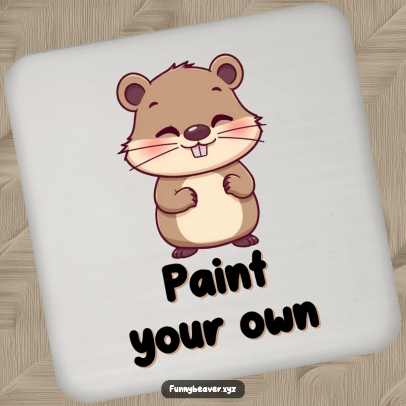Funny drink coaster featuring a whimsical beaver with a mischievous grin, holding a paintbrush, perfect for adding artistic and humorous touches to tabletops.