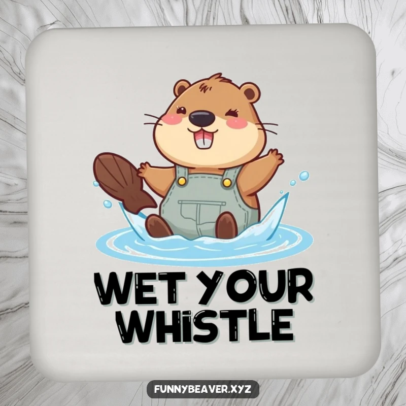 Funny beaver in overalls splashing in water, serving as a protective and humorous drink coaster.