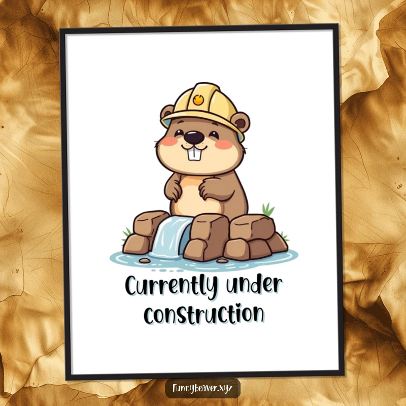 Funny beaver in a hard hat, meticulously planning and building a miniature dam, presented as a humorous construction art print.