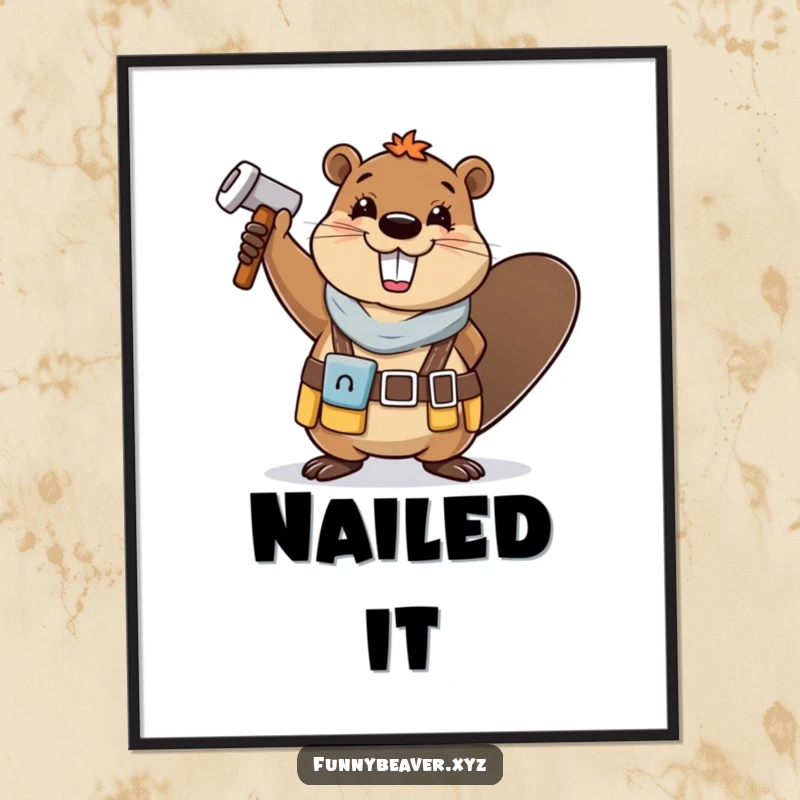 Funny, happy beaver in a tool belt waves a hammer, creating a cheerful and humorous DIY-themed art print.