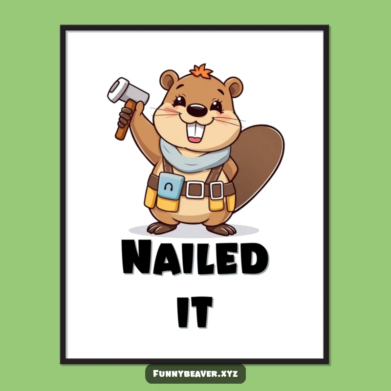 Funny Beaver Workshop Poster: Cheerful Tool Belt Hammer Waving Art Print