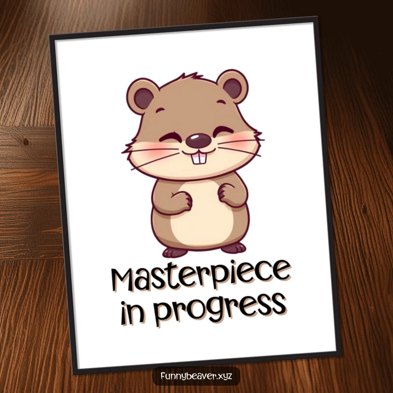 Funny poster of a whimsical beaver with a mischievous grin, holding a paintbrush, symbolizing playful creativity and humor for wall decor.