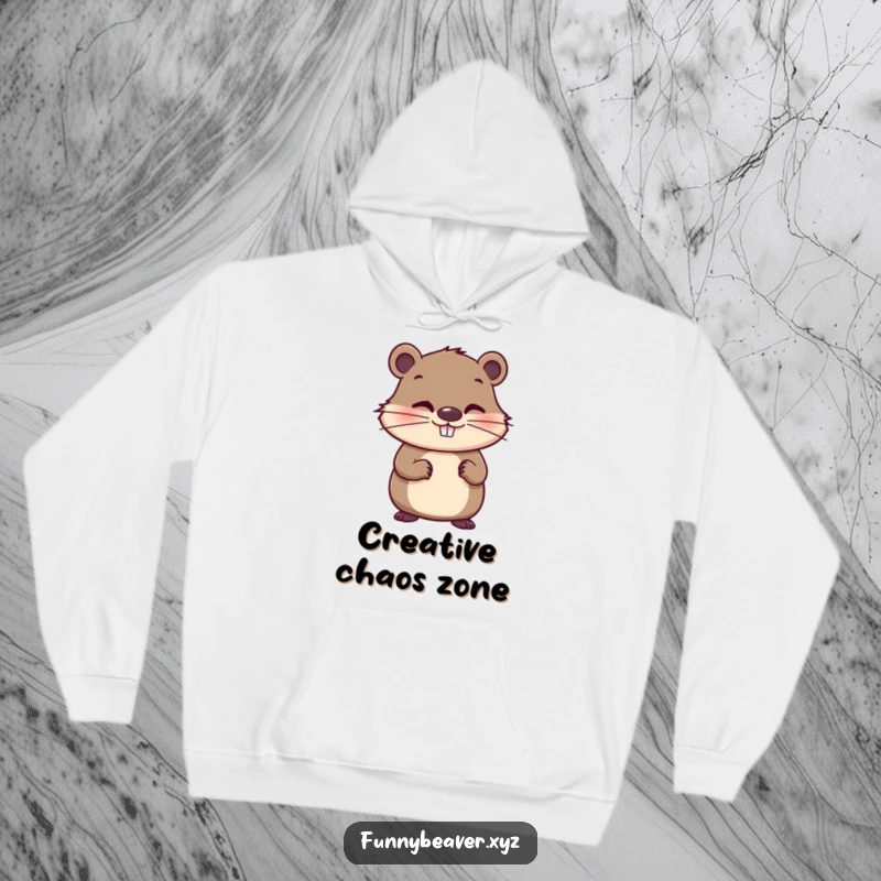 Funny hoodie with a whimsical beaver holding a paintbrush and a mischievous grin, perfect for artists and humor enthusiasts seeking comfortable wear.
