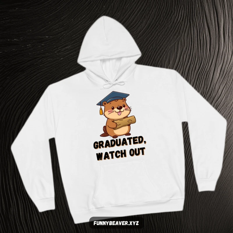Funny beaver in a graduation cap holds a log, offering warmth and humor for graduates in this cozy hoodie.