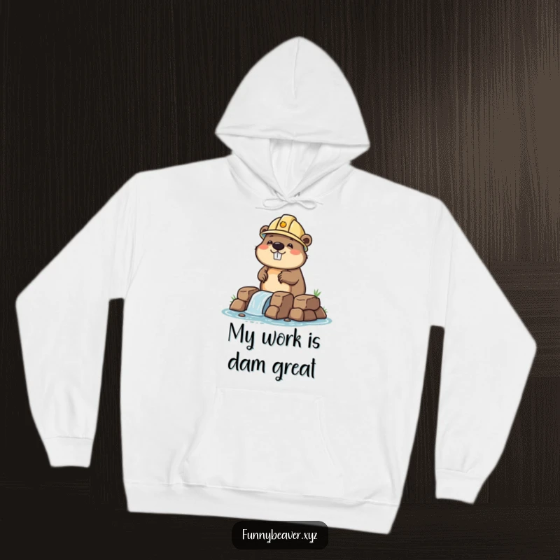 Funny beaver with a hard hat, busy constructing a small dam, bringing construction humor and warmth to this cozy hoodie.