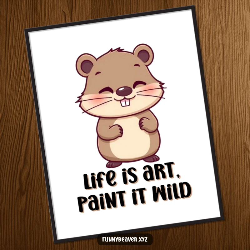 Funny free printable wall art of a mischievous beaver holding a paintbrush, a whimsical and humorous downloadable art piece.