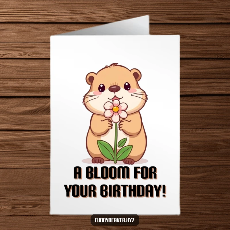 Funny free printable birthday card showing a sweet beaver offering a flower, a charming and humorous downloadable gift.