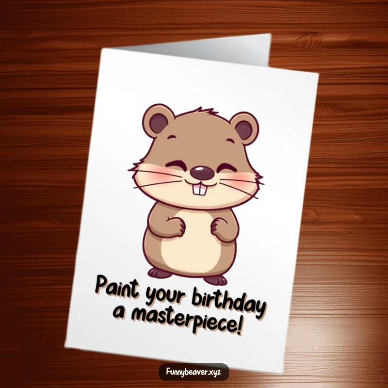 Funny free printable birthday card with a mischievous beaver holding a paintbrush, a creative downloadable gift.