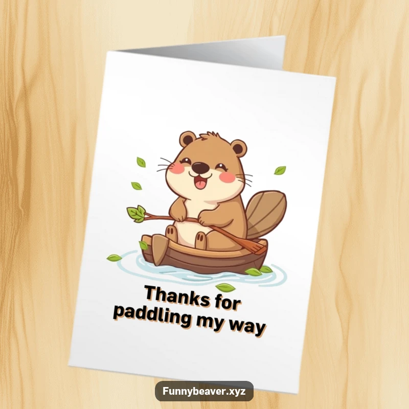 Funny free printable thank you card featuring a beaver happily rafting on leaves, great for a downloadable art gift.