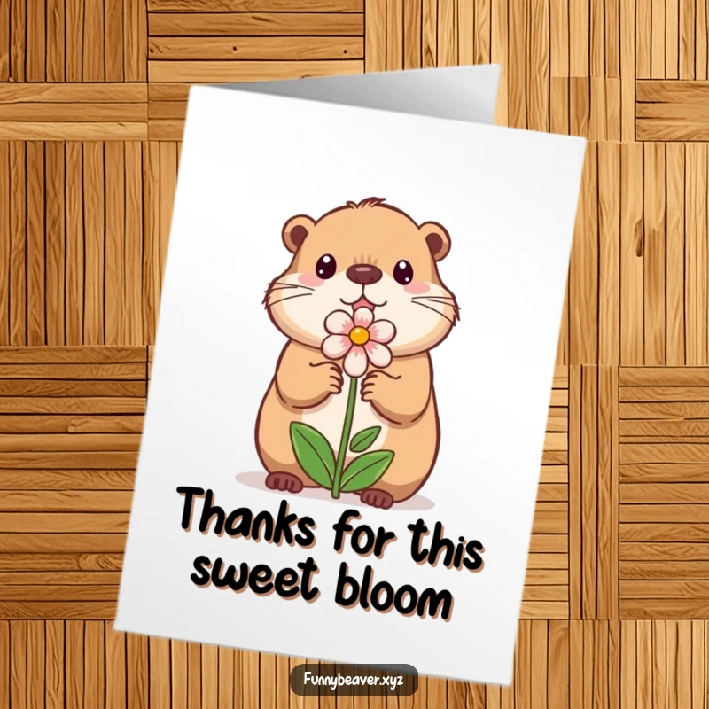Funny free printable thank you card with a beaver offering a flower, a delightful downloadable art piece.