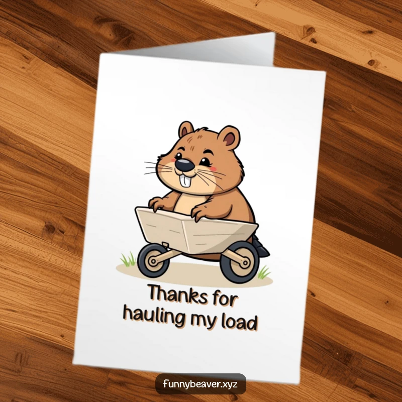 Funny free printable thank you card with a determined beaver pushing a wheelbarrow, a great downloadable art gift.