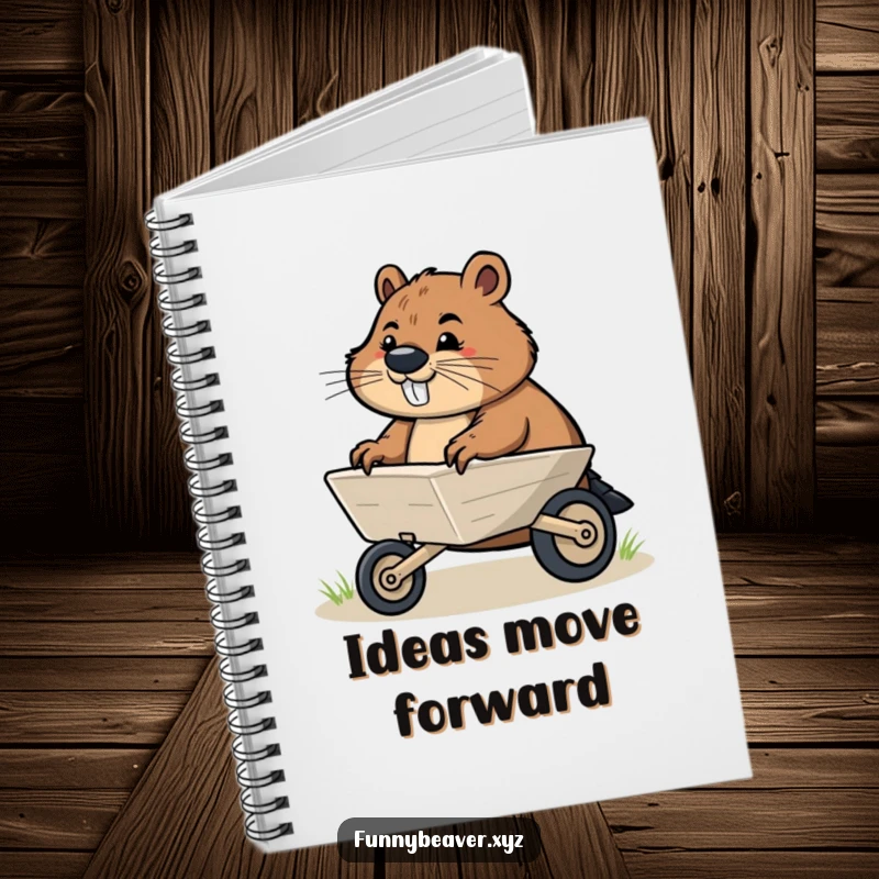 Funny notebook featuring a determined beaver pushing a small illustrated wheelbarrow, perfect for journaling goals, plans, and ambitious ideas.