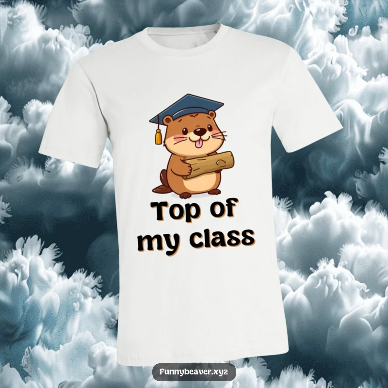 Funny beaver in a graduation cap proudly holds a log, marking a humorous and memorable graduation gift.