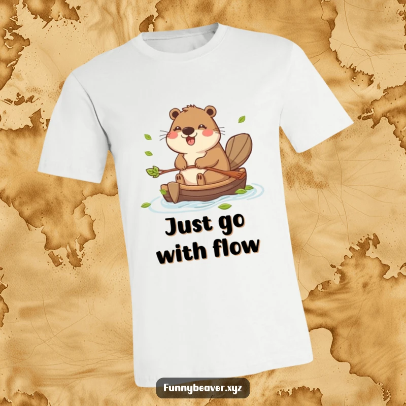 Funny t-shirt showcasing a happy beaver paddling a tiny raft made of leaves, radiating pure, unadulterated joy and adventure.