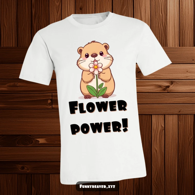 Funny t-shirt featuring a sweet beaver holding and offering a small, illustrated flower, radiating gentle kindness and natural charm.