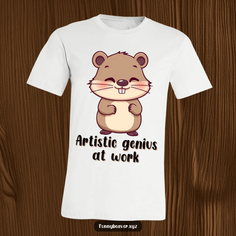 Funny t-shirt of a whimsical beaver with a mischievous grin, playfully holding a paintbrush, ready to create colorful and humorous art.