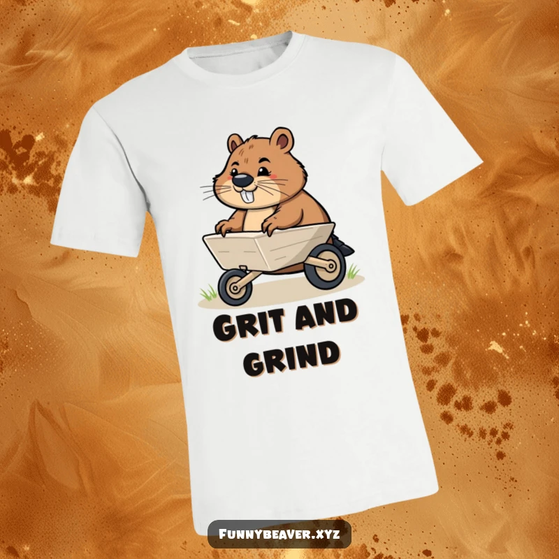 Funny t-shirt of a determined beaver energetically pushing a small illustrated wheelbarrow, embodying hard work and humorous tenacity.