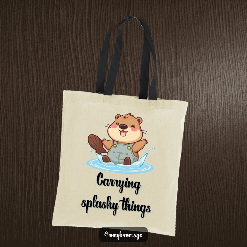 Funny beaver in overalls splashing in water, this tote bag is a humorous and practical accessory for beach or pool days.