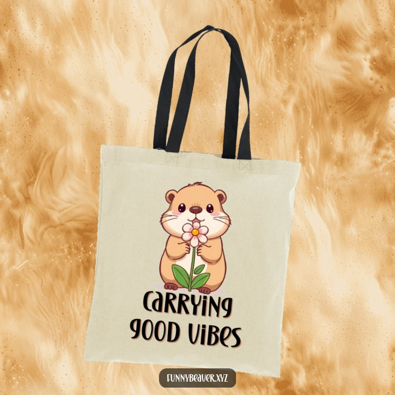 Funny tote bag showcasing a sweet beaver offering a small, illustrated flower, perfect for carrying essentials with a touch of nature-inspired humor.