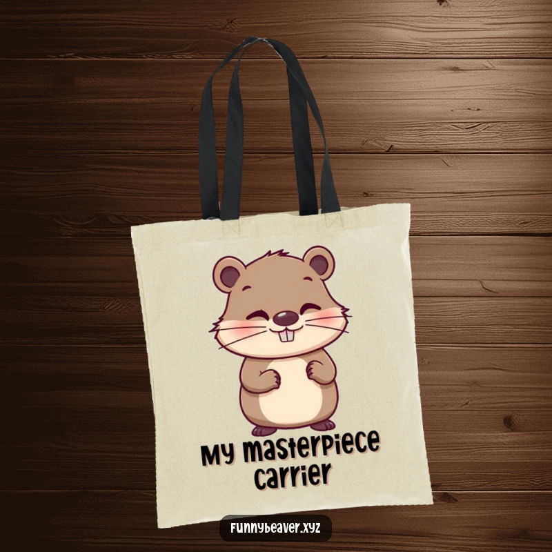 Funny tote bag featuring a whimsical beaver with a mischievous grin, holding a paintbrush, perfect for carrying art supplies with a humorous touch.