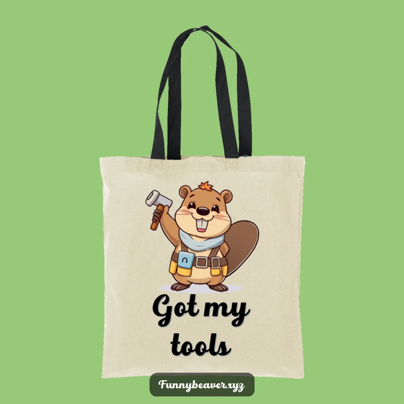 Funny Beaver Project Tote Bag: Cheerful Tool Belt Hammer Waving Accessory