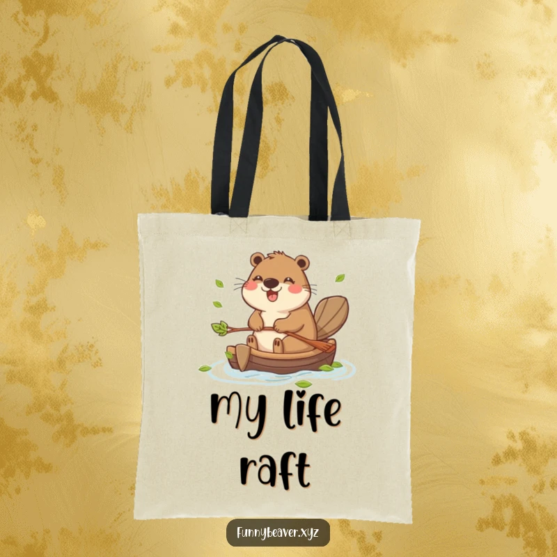 Funny tote bag with a joyful beaver navigating a tiny raft made of leaves, perfect for eco-friendly shopping and everyday humor.